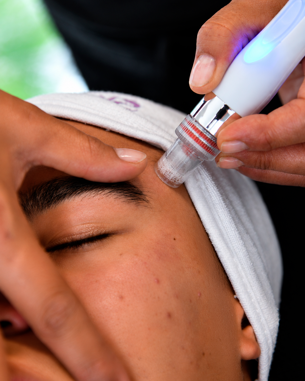 Tratamiento facial con un dispositivo aplicado sobre la frente